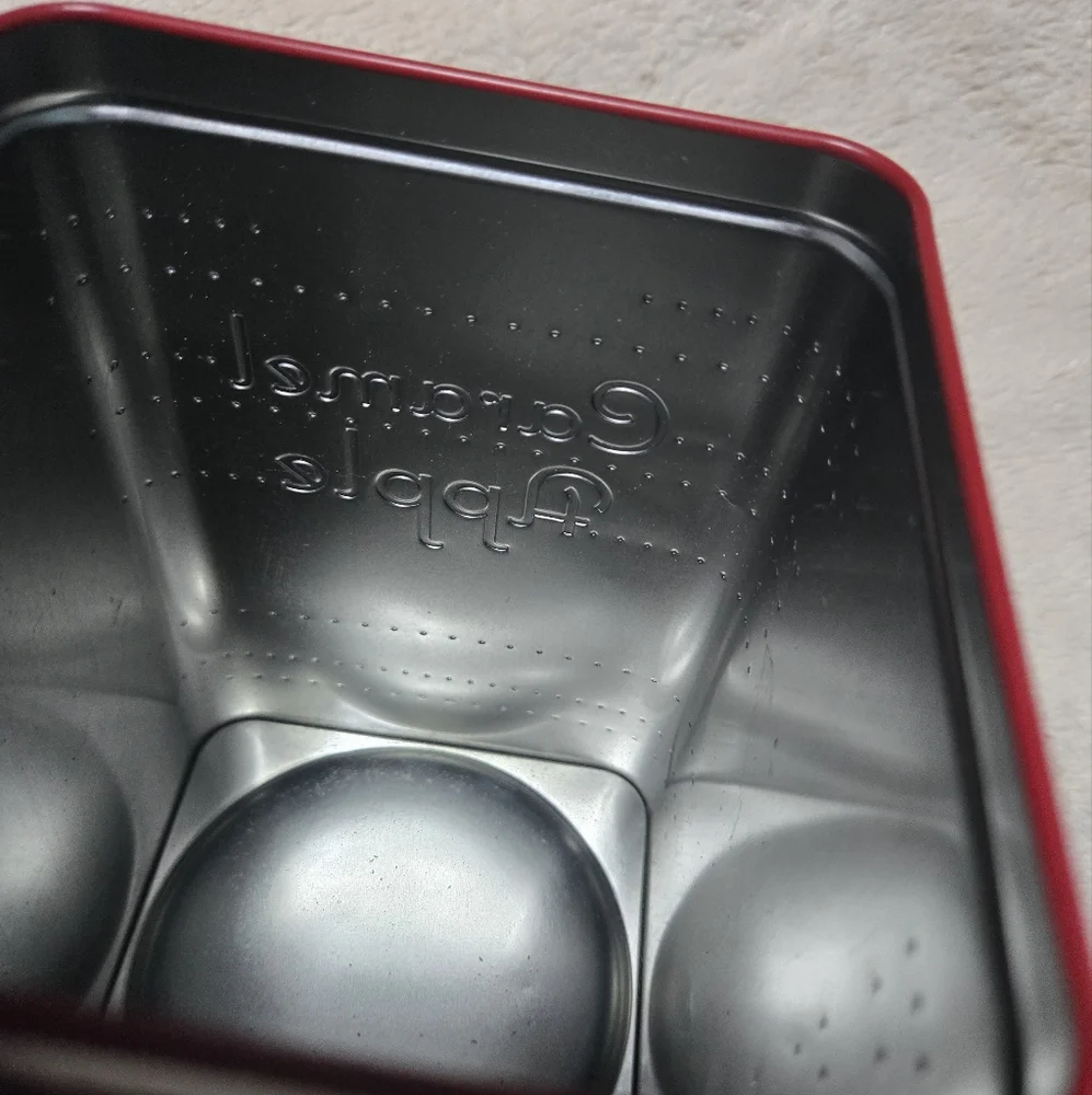Williams Sonoma Caramel Apple Collector Tin with Lid, square, empty